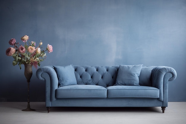 Gray sofa in blue room