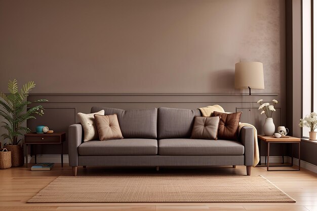 Gray sofa in brown living room with copy space