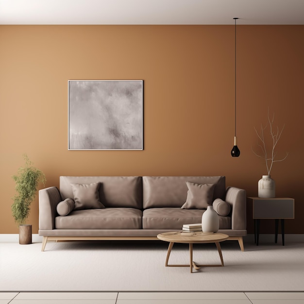 gray sofa in brown living room with space on wall