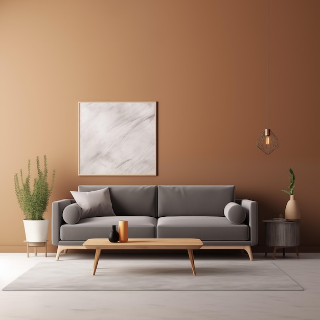gray sofa in brown living room