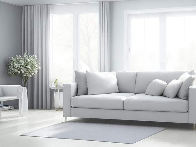 Gray sofa in white living room interior with co Generative AI