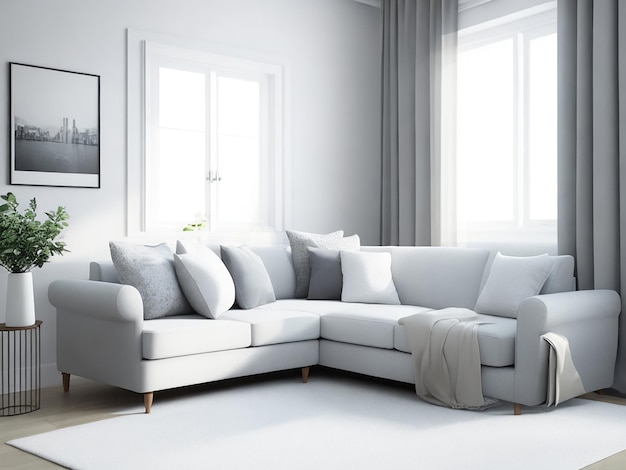 Gray sofa in white living room interior with co Generative AI