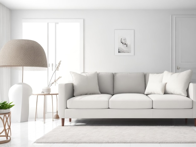 Photo gray sofa in white living room interior with copy space 3d rendering