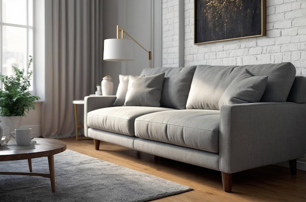 Серый диван в белом интерьере гостиной с копировальным пространством 3D-рендеринг