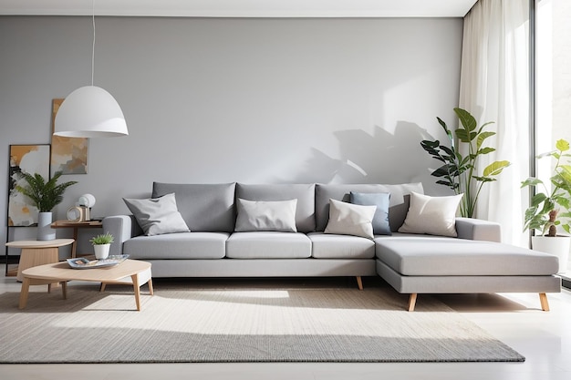 Серый диван в белом интерьере гостиной с свободным пространством