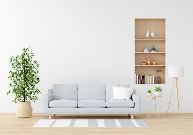 Gray sofa in white living room with copy space