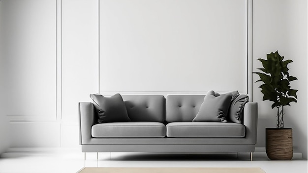 Gray sofa in white living room with copy space