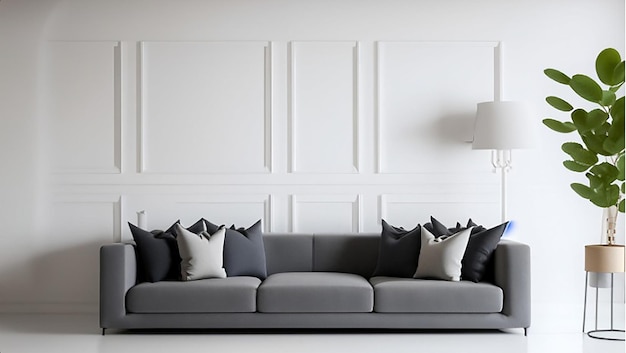 Gray sofa in white living room with copy space