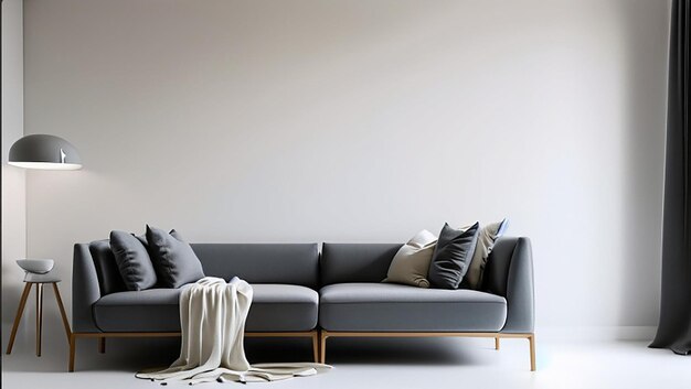 Gray sofa in white living room with copy space