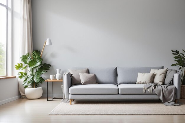 Gray sofa in white living room with copy space