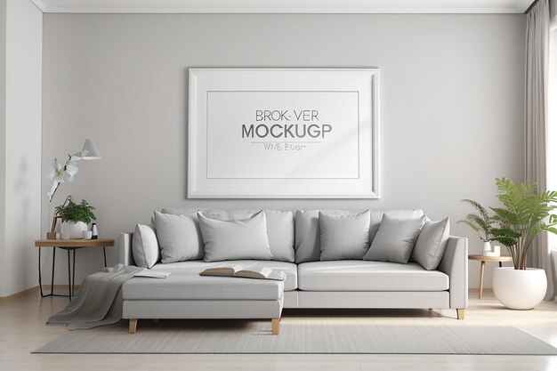 Gray sofa in white living room with frame mockup