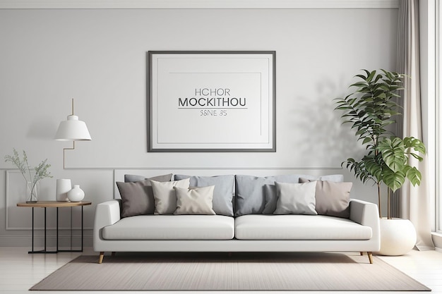 Gray sofa in white living room with frame mockup