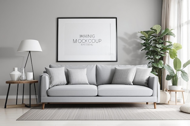 Gray sofa in white living room with frame mockup