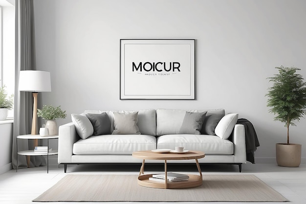 Photo gray sofa in white living room with frame mockup