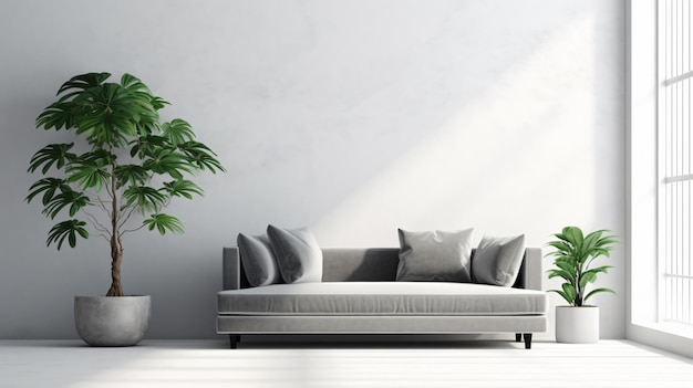 Gray sofa in white living room