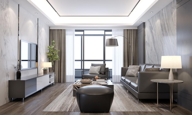 Серый диван с серой мраморной стеной и деревянным полом, белая 3D-иллюстрация