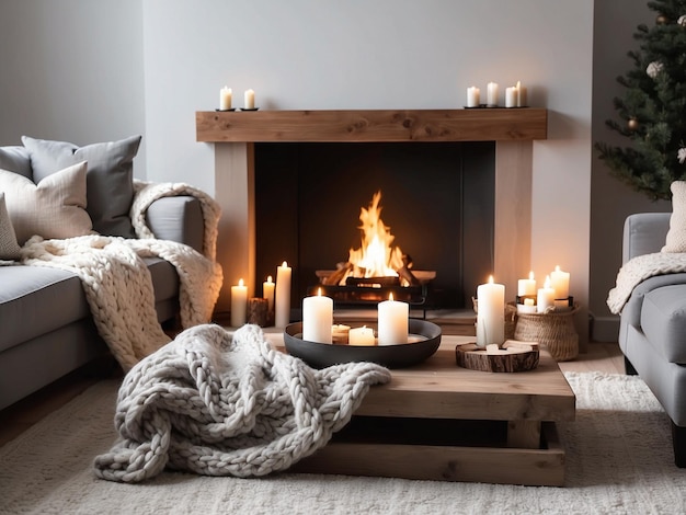 두꺼운 베이지 뜨개질 천으로 된 회색 소파는 따뜻하고 매력적인 겨울 분위기를 만니다. 벽난로 에 불이 있는 커피 테이블 현대적인 거실 인테리어 디자인