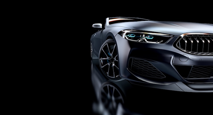 Фотография серый спортивный автомобиль на черном фоне. 3d визуализация.