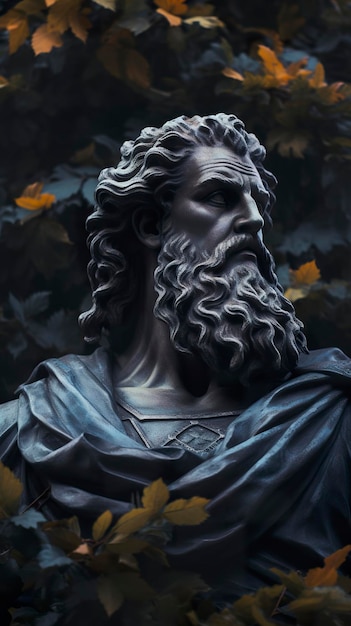 Серая статуя греческого бога с бородой в саду