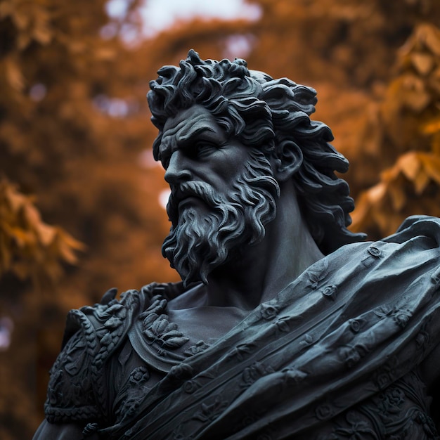 Gray statue of Greek god with beard in garden