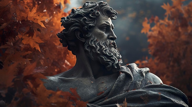 Gray statue of Greek god with beard in garden