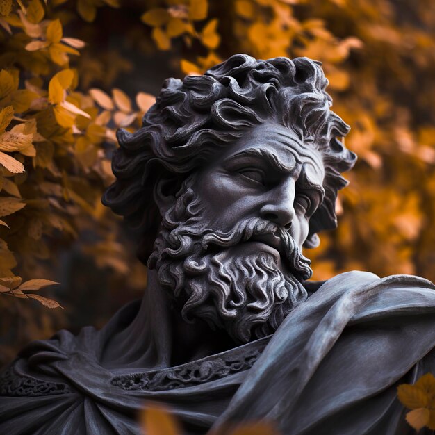 Foto statua grigia di un dio greco con la barba in giardino