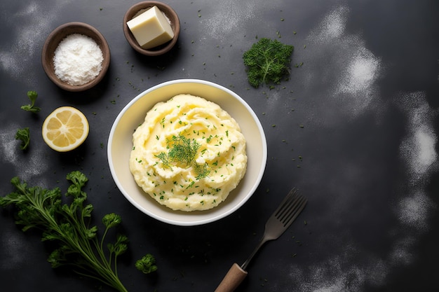 On a gray stone and concrete background mashed potatoes with butter and fresh parsley are displayed in a white bowl above with space for copy