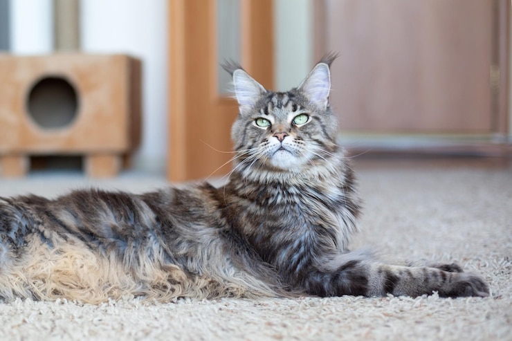 Photo 緑色の目を持つ灰色の縞模様の大きな猫メインクーンの品種猫は軽いカーペットの上に横たわっています