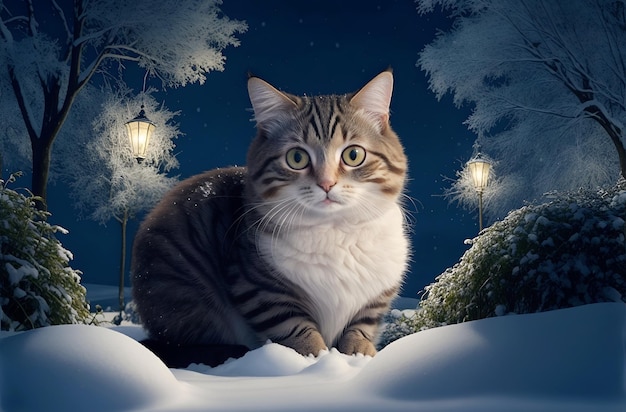 Gray striped cat sitting in the snow in the garden in winter among snowcovered trees and bushes AI generation
