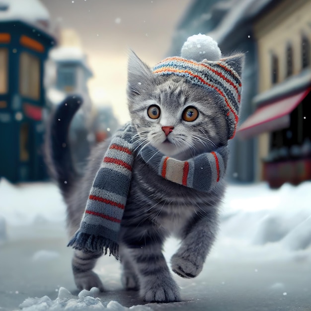 Серый полосатый котенок в шапке и шарфе на зимней улице Generative AI