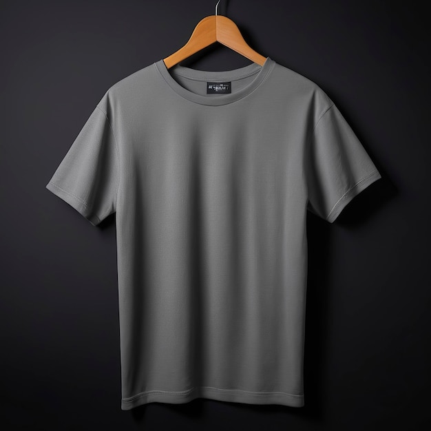 Foto una maglietta grigia appesa a un appendiabatti con uno sfondo nero