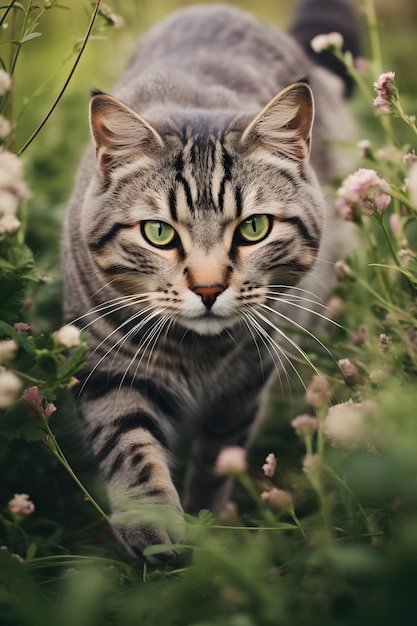 a gray tabby cat walking in a field with green foliage