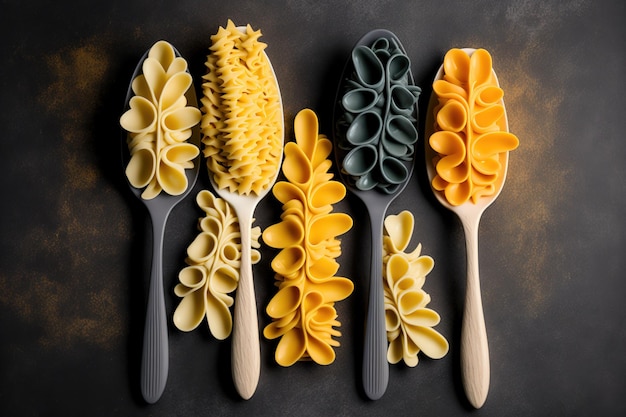 Foto su un tavolo grigio ci sono molti tipi di pasta in forchette di legno tortellini fuzilli farfalle e penne copia spazio orizzontale