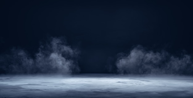 Photo gray textured concrete platform podium or table with smoke in the dark