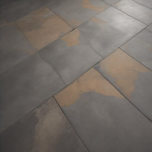 A gray tile floor with a yellow patch on it