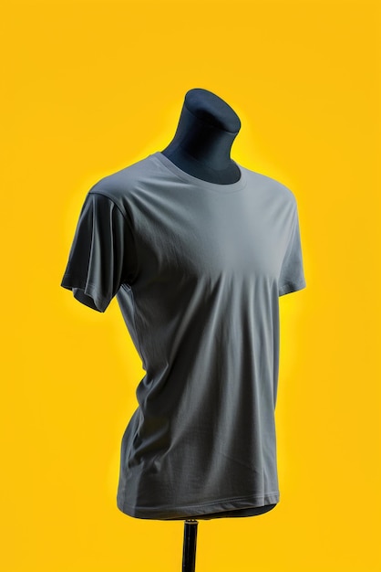 A gray tshirt on a mannequin on a yellow background