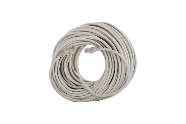 Gray UTP cable for internet connection on a white background