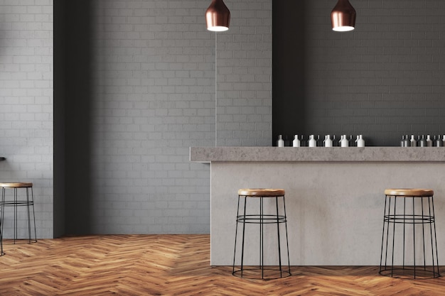 Gray wall bar interior with a wooden floor, a stone bar and wooden stools near it. Tables with chairs in the background. 3d rendering mock up
