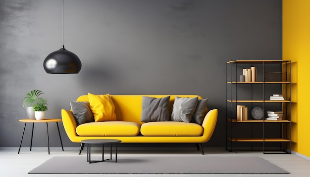 gray wall living room have yellow sofa and decoration