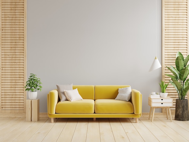 Gray wall living room have yellow sofa and decoration