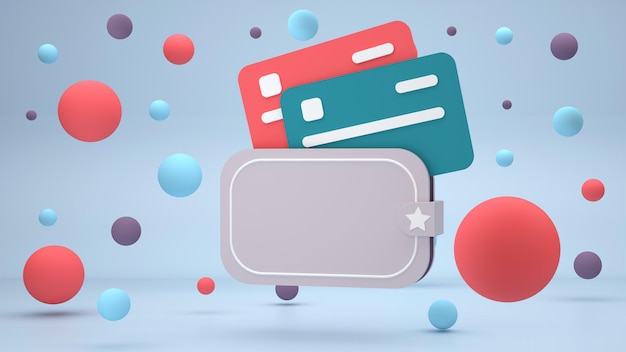 Gray wallet with credit cards on blue background with colorful spheres d render