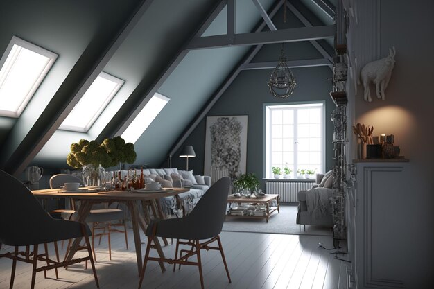 Gray walls a large table with chairs a cozy sofa and armchair in the living room area and the kitchen to the right make up the interior of the attic dining room