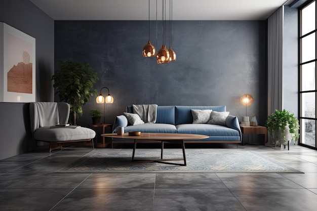 Blue couch online grey walls
