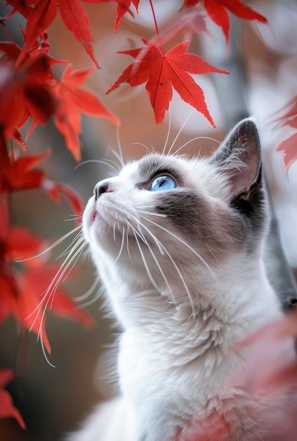 A gray and white feline with blue eyes peered up at the crimson maple leaves