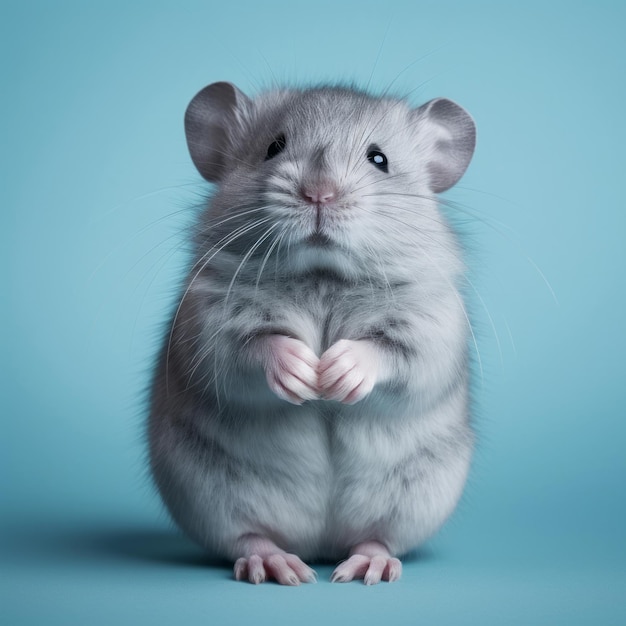 A gray and white hamster sitting on its hind legs