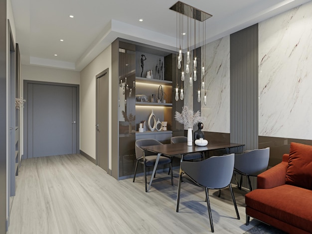 Gray and white interior of the living room with a red sofa in a modern design