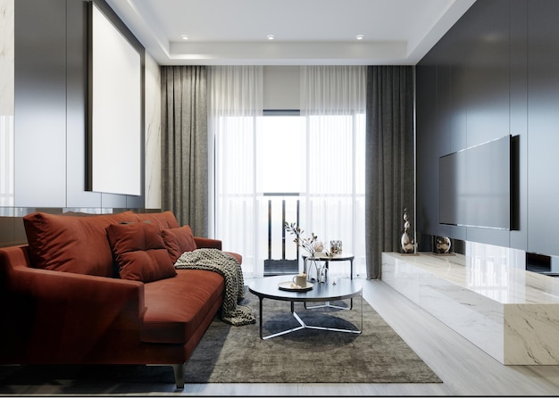 Gray and white interior of the living room with a red sofa in a modern design