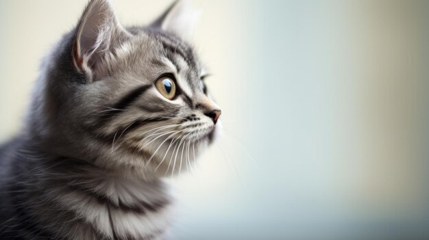 A gray and white kitten looks up at something ai