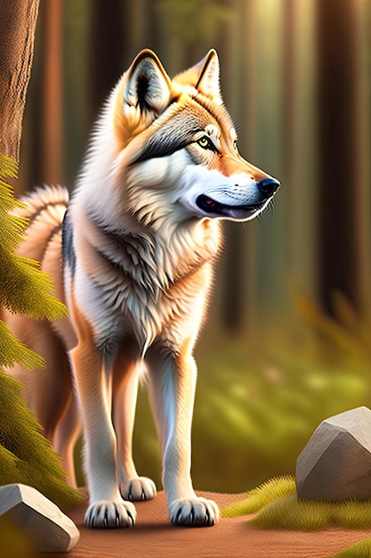 Gray wolf cub in forest Digital artwork