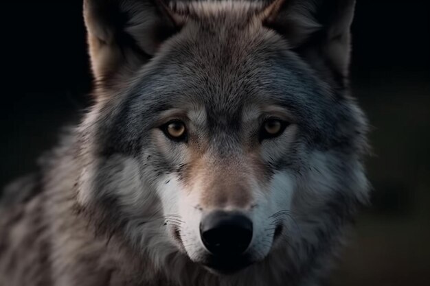 Gray wolf snarls defending territory in darkness generated by ai